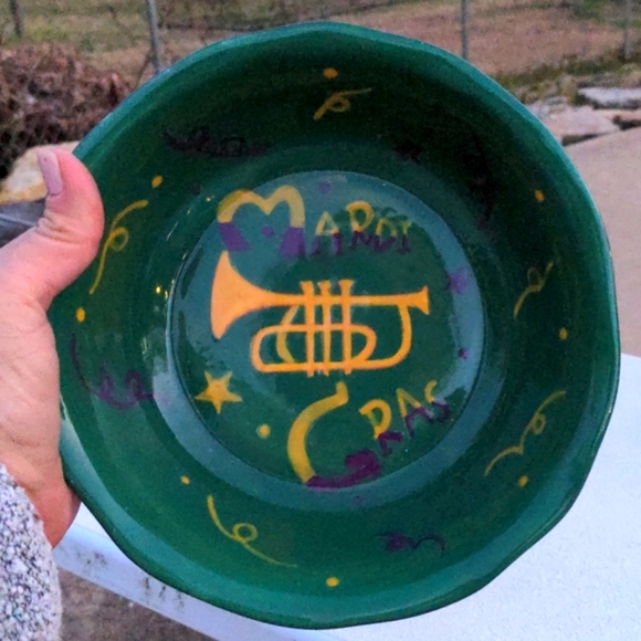 Other - Mardi Gras Decor Green Purple & Yellow Pottery Decorative Mardi Gras Bowl